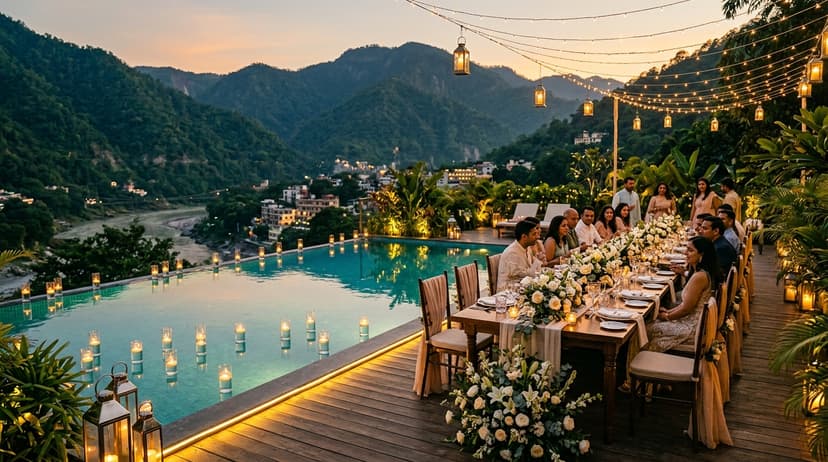 Poolside group event at Varanyam Resort in Rishikesh
